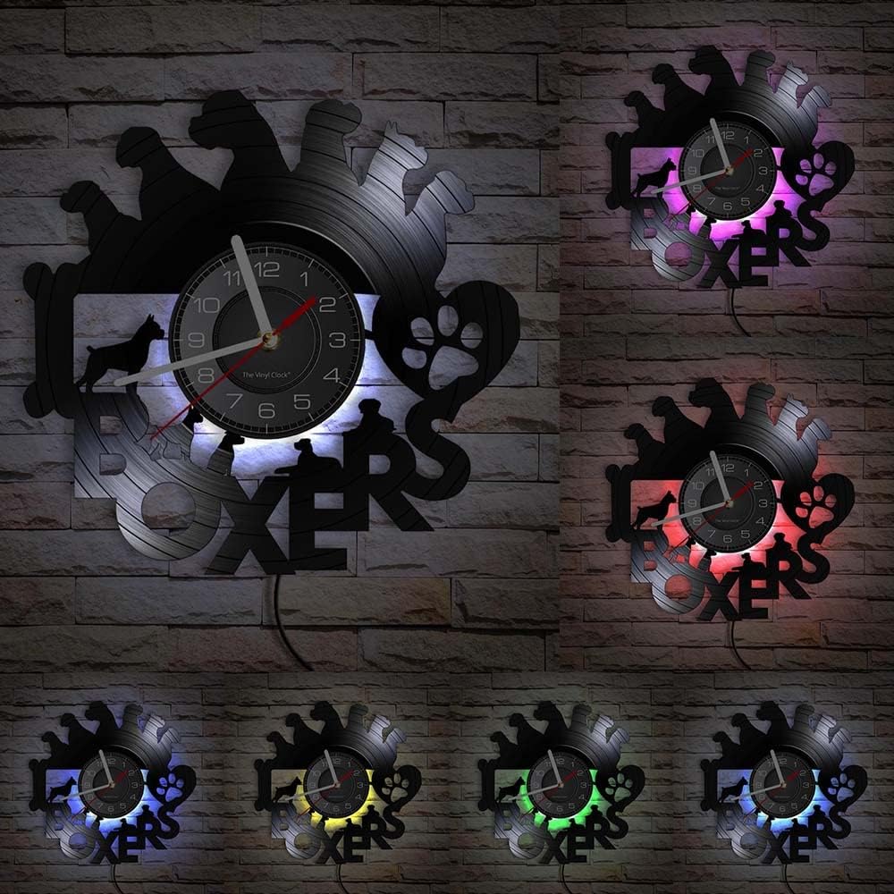 12 Inch I Love Boxes Dog LED Vinyl Record Wall Clock with 7 Colors Luminous Modes, Vintage Boxer Dog Lights Wall Clock Puppy Dog Watch for Dog Lovers Gift Kids Room Living Room Bedroom Decor