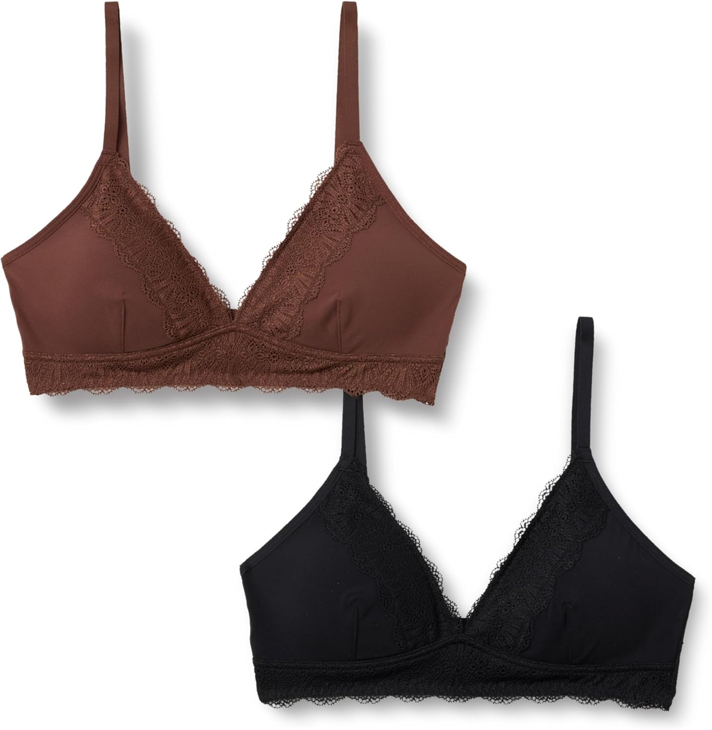 Amazon Essentials Women's Peached Microfibre with Lace Trim Lined V Neck Bralette, Pack of 2