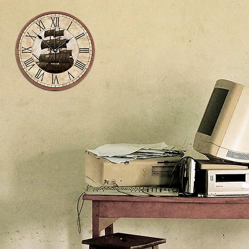 Miniatura 6 de Reloj de pared náutico de madera de velero de 10 pulgadas, con números romanos, reloj de pared, sin tictac, funciona con pilas, estilo costero,