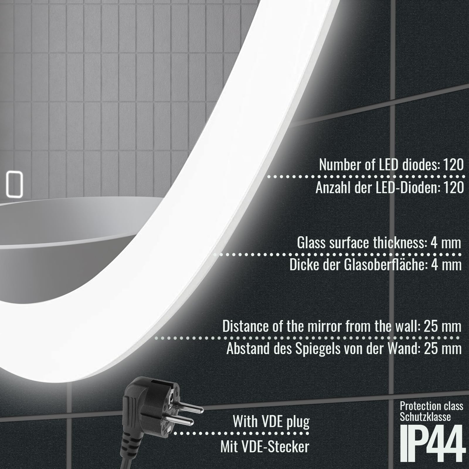 Aquamarin® Espejo de baño led redondo 60/70/80 cm, antivaho, regulable, ahorro energético, detector movimiento, táctil, 3000-7000 K, modelo a elegir. pared con luz para cuarto (80 diámetro