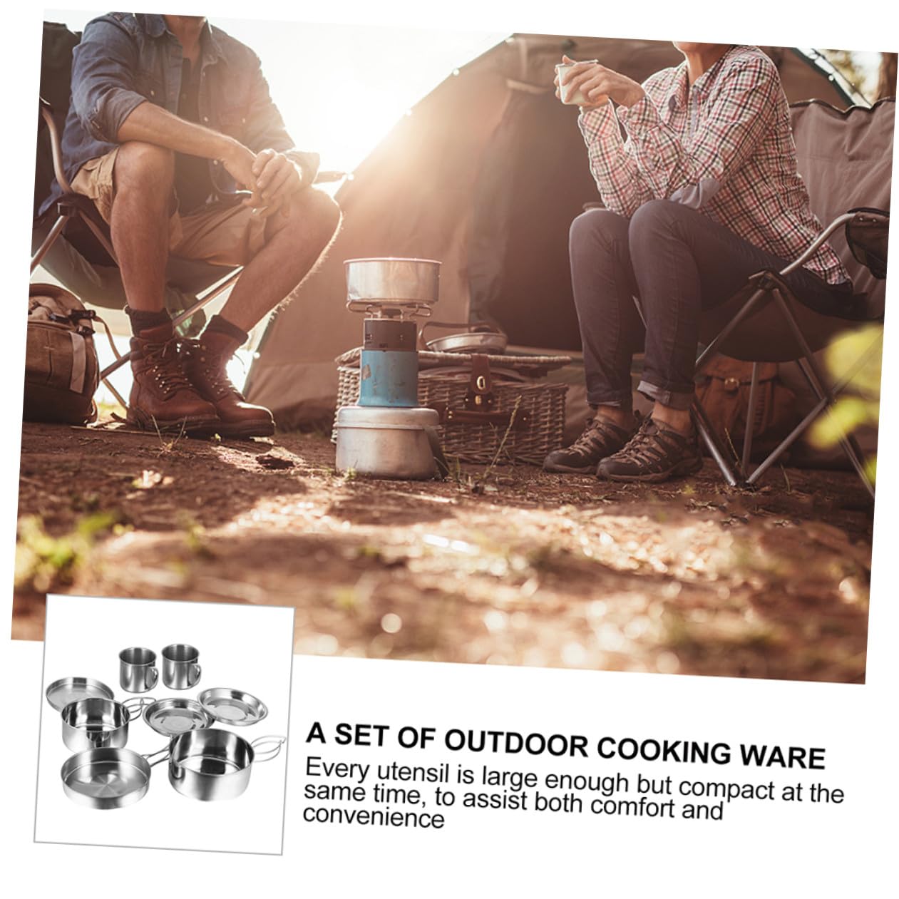 Veemoon Ensemble 8 Pièces Casseroles Camping INOX Pliables pour 5-6 Personnes, Kit Ustensiles de Cuisson Barbecue Randonnée, Matériel la Cuisine Extérieur Robuste et Facile à Nettoyer