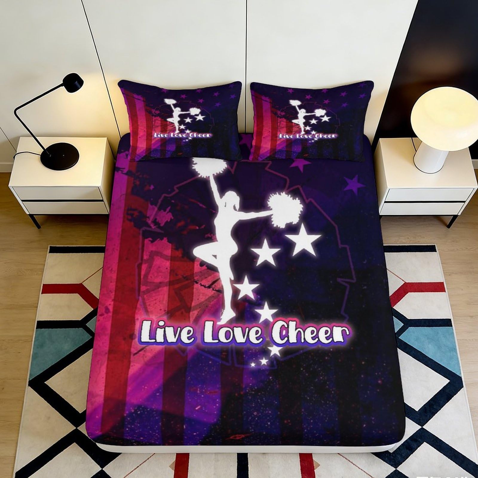 Decorative Cheerleader Fitted Sheet 3D Printed Soft Touch Microfiber Mattress Cover for Bedroom, Easy Care Guest Room Bedding 90x200x25cm