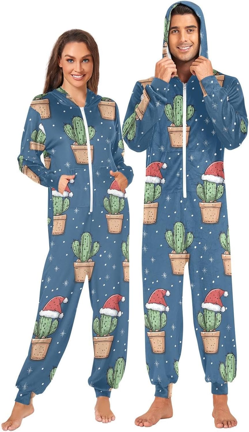 ZZKKO Cactus Christmas Snowflake Adult Onesie Pajamas for Women Men Cozy One Piece Pajamas Costume Zip-Up Hooded S-XL