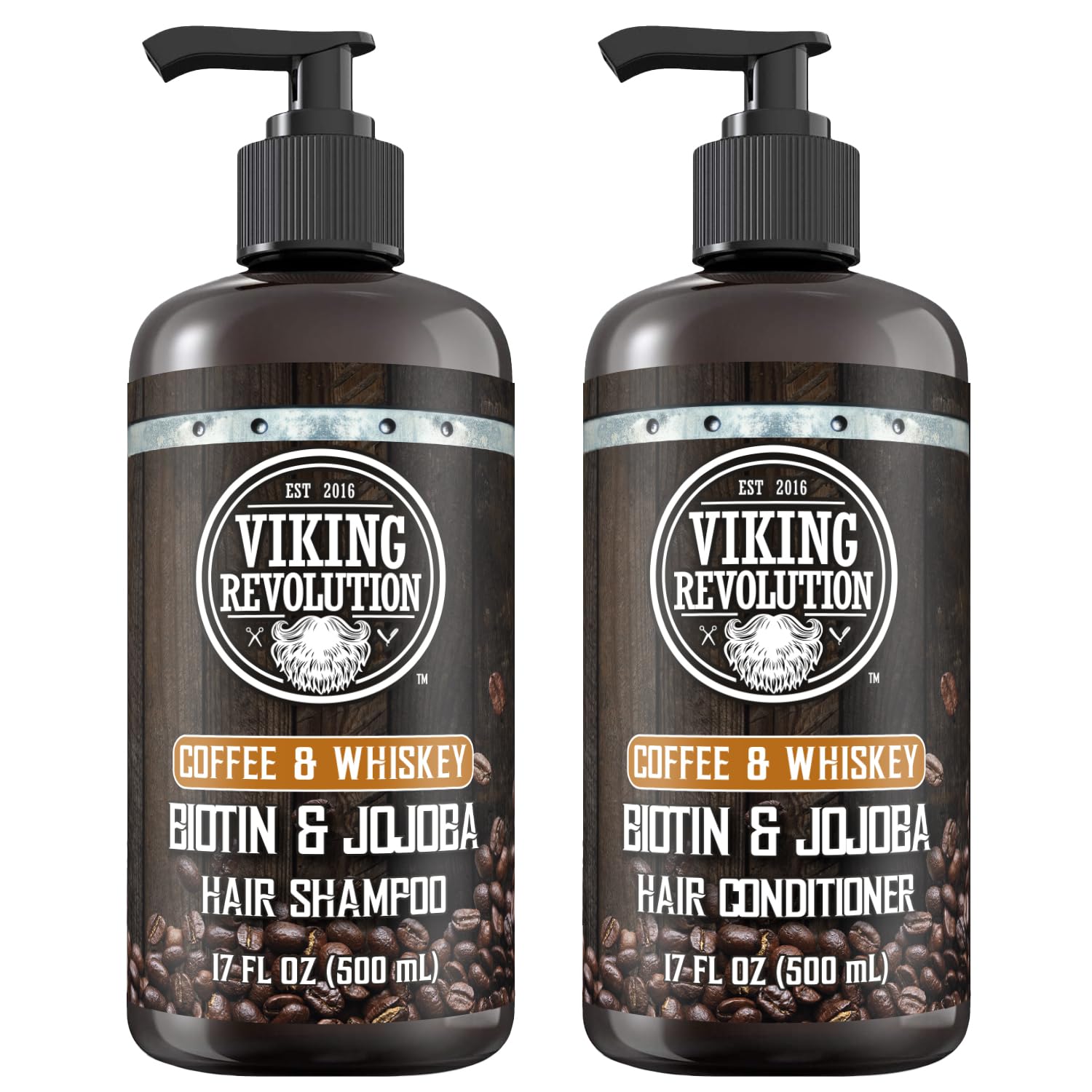 Viking Revolution Coffee Whiskey Mens Shampoo and Conditioner Set with Biotin and Jojoba Oil - Natural Hair Shampoo and Hair Conditioner for Men with