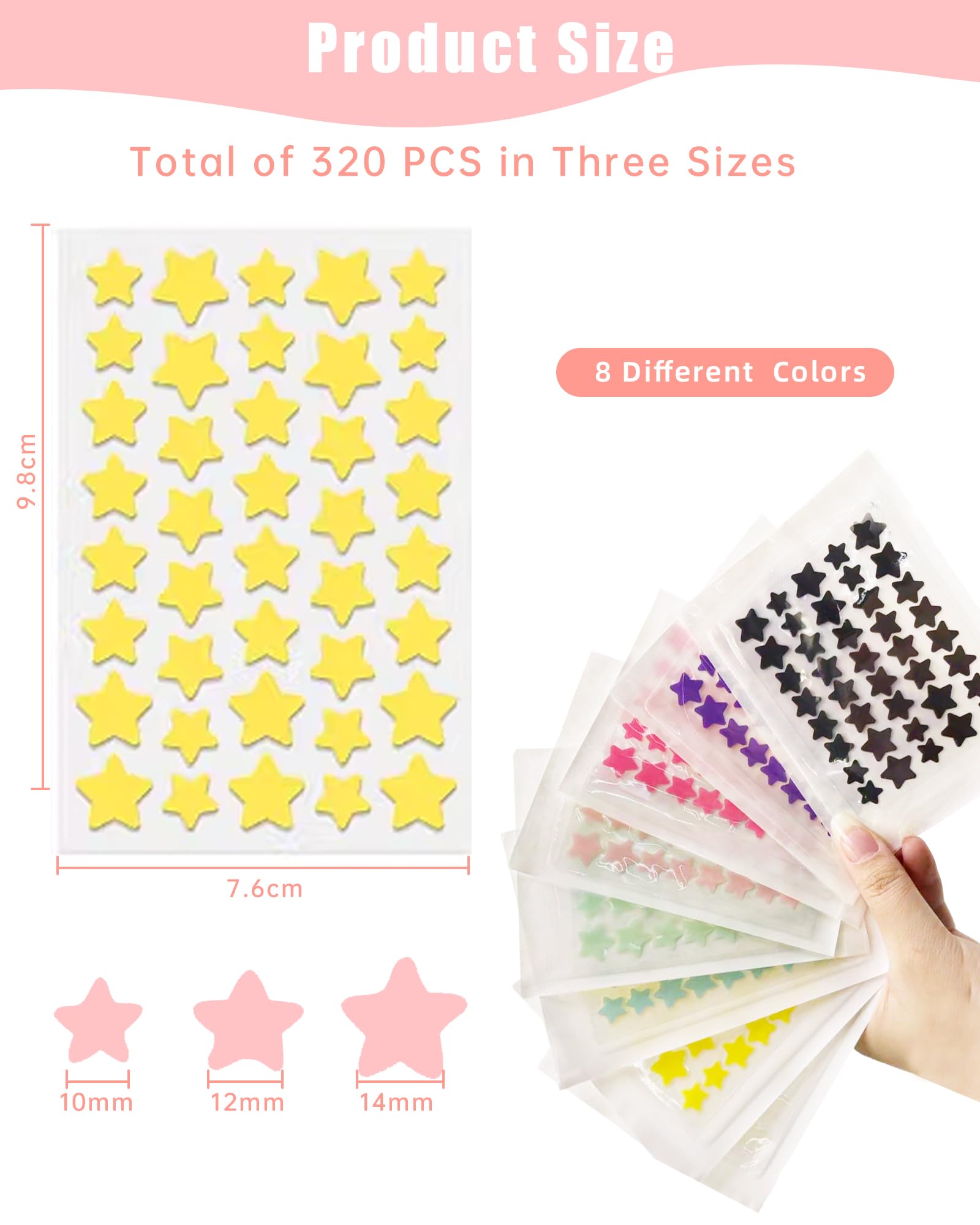 320 PCS Patch Boutons, Pimple Patch, Patches Acné, Patches Étoile Hydrocolloïde, Absorbe les Impuretés, Imperméable Transpirable, Utilisation de Jour et de Nuit, 10/12/14 mm