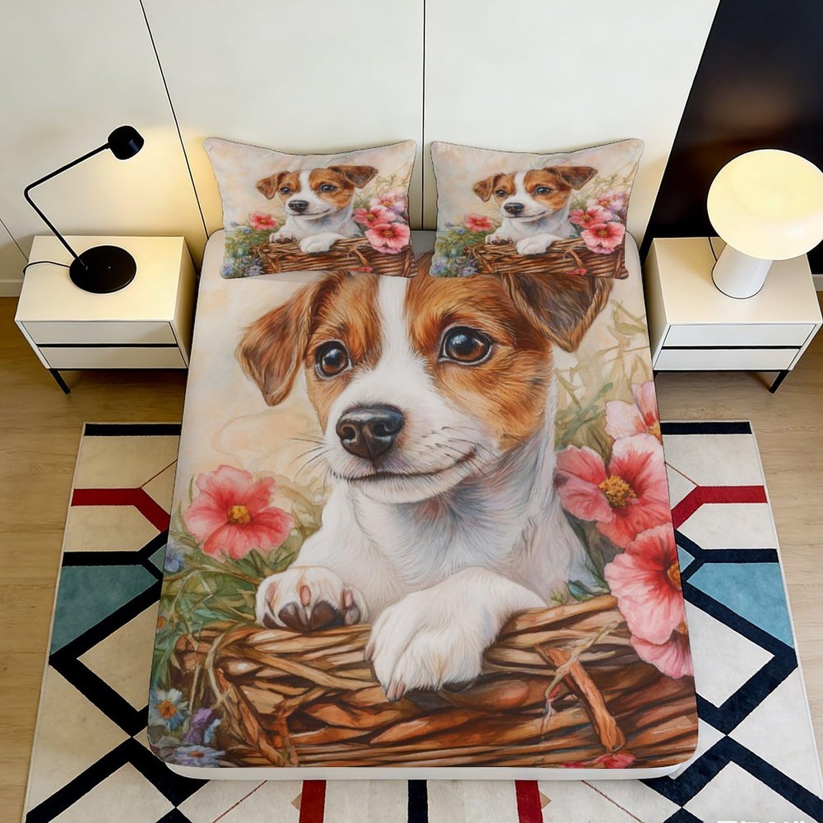 Uynsixtme Style-1 3D Printed Puppy Floral Fitted Sheet Microfiber Deep Pocket Non-Slip Bedding Puppy Floral Mattress Fitted Cover For Bedroom Mattress Protection 200X200x25cm