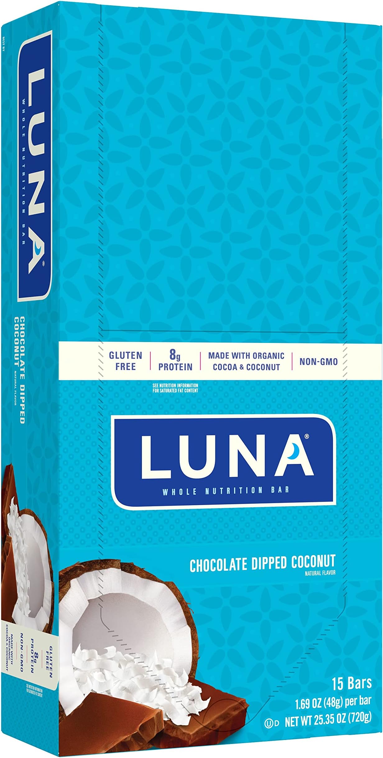 LUNA BAR - Gluten Free Snack Bars - Chocolate Dipped Coconut Flavor -8g of protein - Non-GMO - Plant-Based Wholesome Snacking - On the Go Snacks (1.69 Ounce Snack Bars, 15 Count)