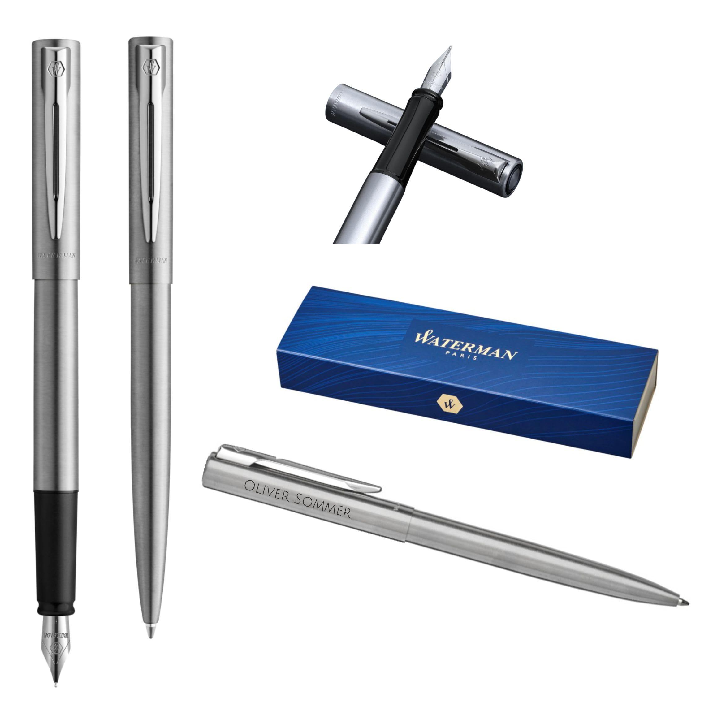 Waterman Allure - Juego de bolígrafos y plumas estilográficas personalizadas, juego de instrumentos de escritura de lujo en negro, regalo elegante para hombre y mujer (acero inoxidable)