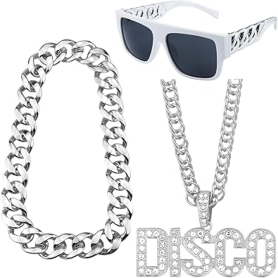 3 Pack 70s Party Chain Costumes Outit Fake Gold chain Disco Necklace Twist Leg Punk sunglasses 80s 90s Hip Hop Costumes for Men Women Rapper Accessories