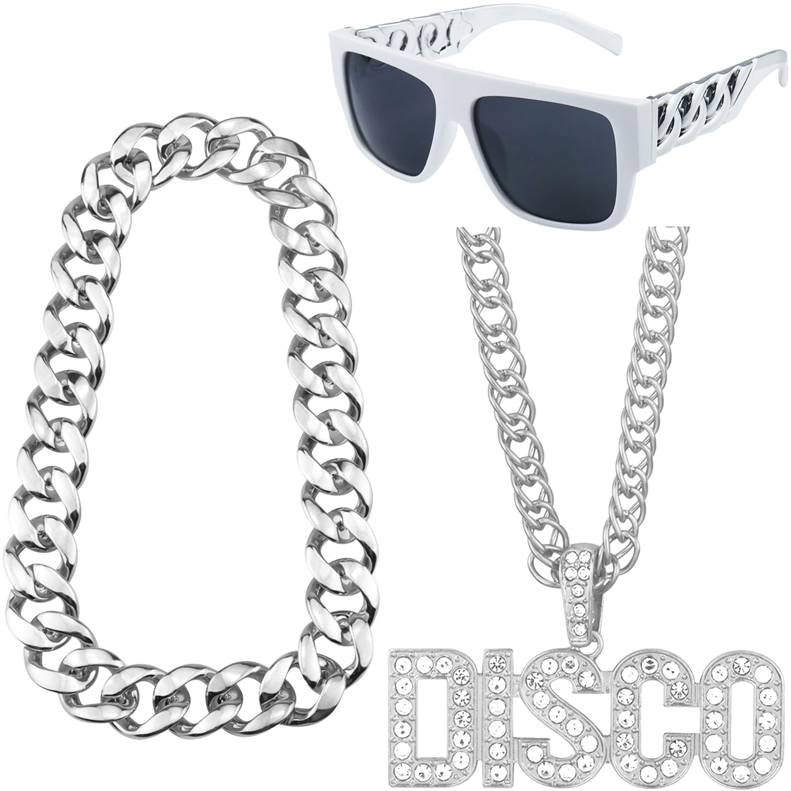 Riuziyi 3 Pack 70s Party Chain Costumes Outit Fake Gold chain Disco Necklace Twist Leg Punk sunglasses 80s 90s Hip Hop Costumes for Men Women Rapper