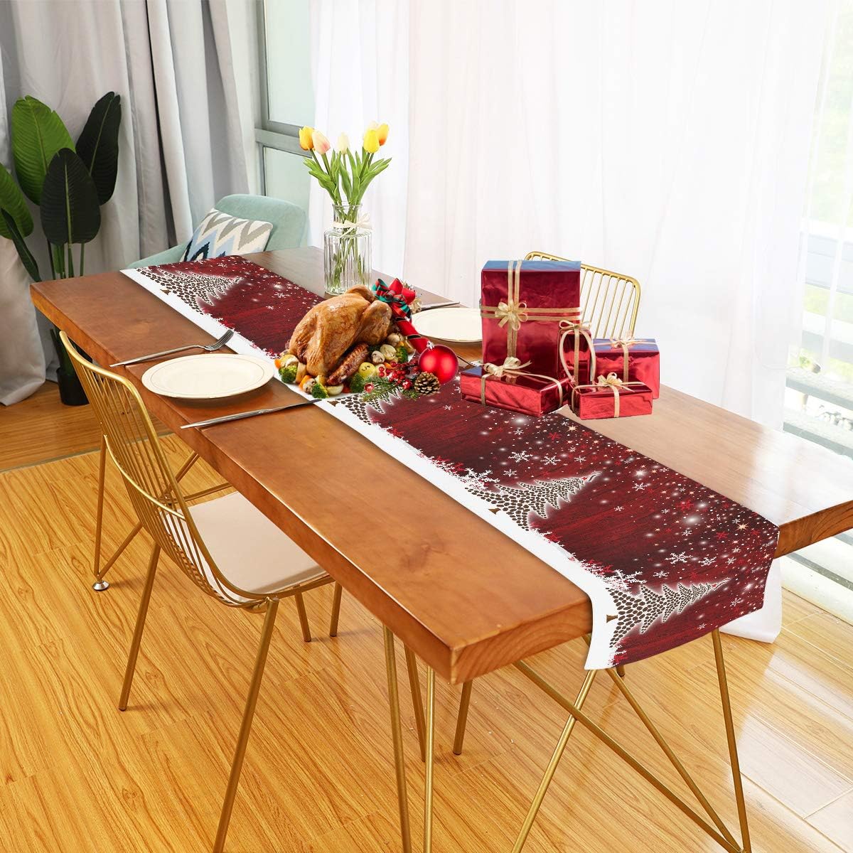 Wamika Merry Christmas Tree Red Snowflake Table Runner 13x70 IN Winter Holiday Xmas Snow Snowman Long Rectangle Table Runner Dining Cloth Placemat New Year Home Kitchen Rustic Decorations