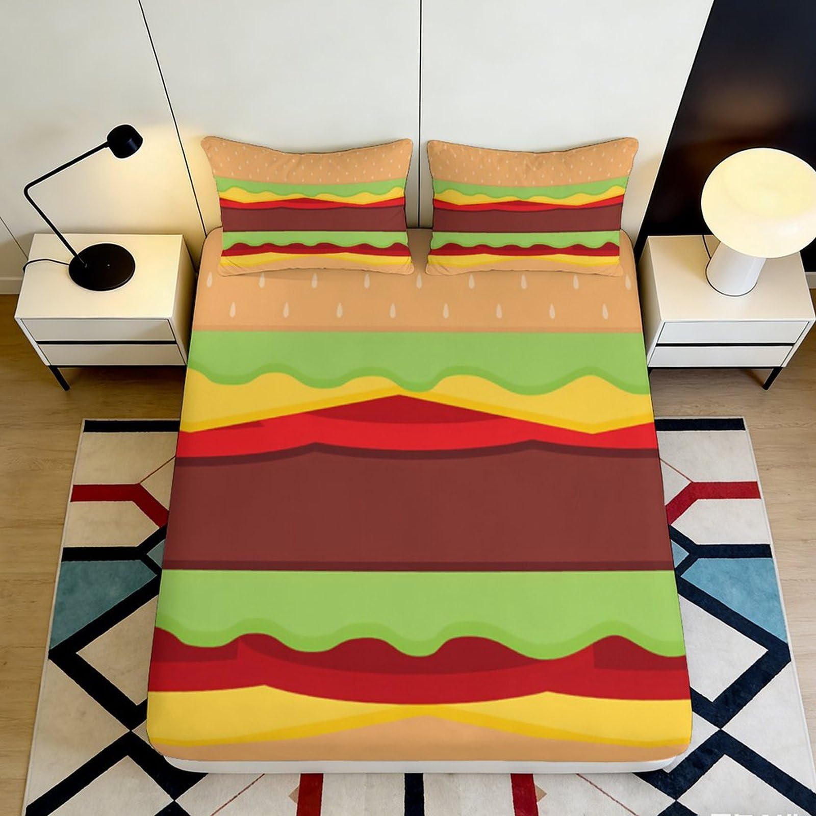 3D Printed Burger Pattern Fitted Sheet Microfiber Soft Anti-Slip Kawaii Hamburger Bed Cover for Bedroom Dorm Mattress Protection 90x200x25cm