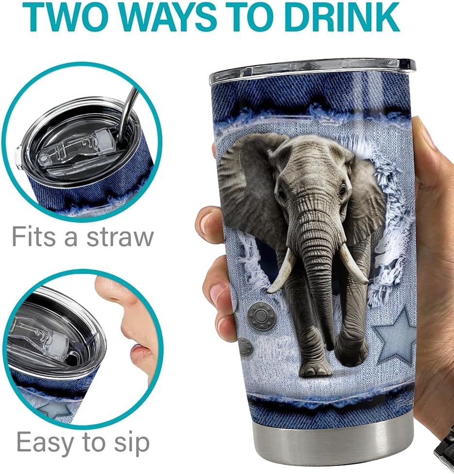 SANDJEST Elephant Tumbler 20oz Stainless Steel Insulated Tumblers Coffee Travel Mug Cup Jeans Drawing Style Elephants Gifts for Women Men Gift for Birthday Christmas - Image 7