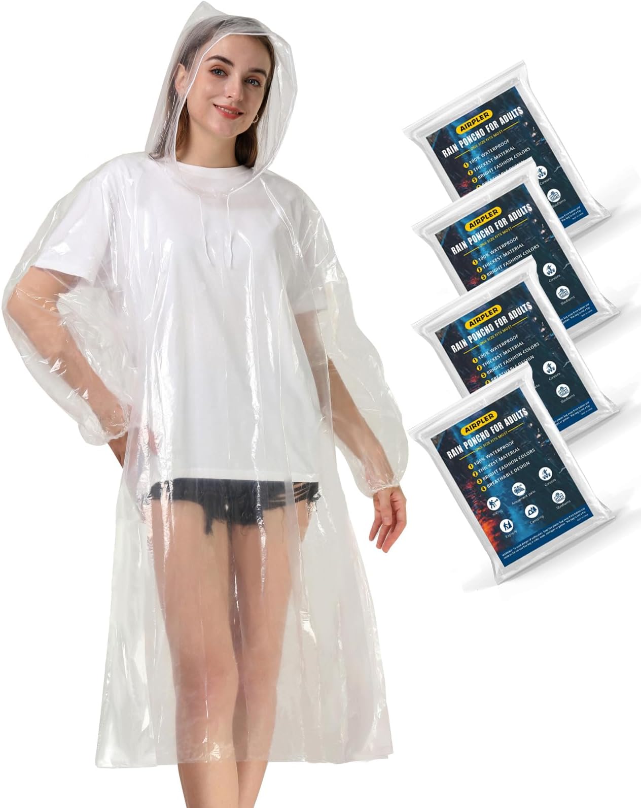 Disposable Rain Ponchos for Adults, Clear Poncho with Hood, Emergency raincoats for Hiking, Camping, Travel