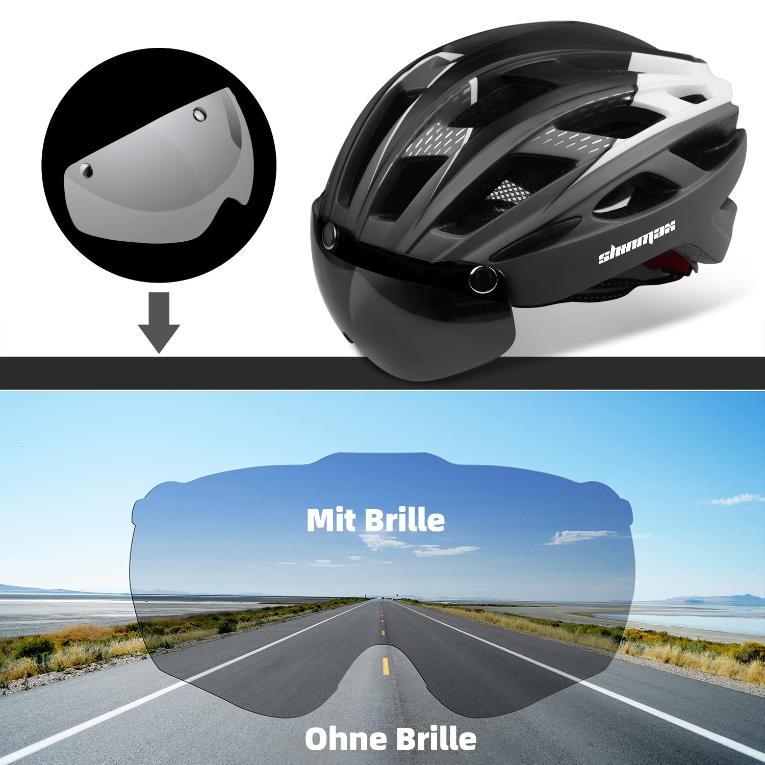 Shinmax kask rowerowy, certyfikat CE, kask rowerowy ze zdejmowanymi okularami ochronnymi, wizjer, dla dorosłych, mężczyzn i kobiet, regulowana ochrona bezpieczeństwa, tylne światło LED, do deskorolki, jazdy na nartach, snowboardzie NR-096