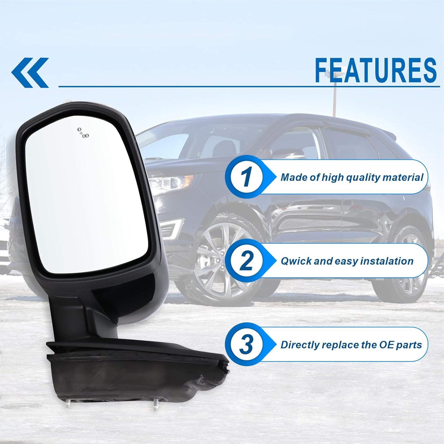 Left Driver Side Mirror Fits 2015 2016 2017 2018 2019 2020 2021 2022 2023 2024 Ford Edge With Manual Folding Heated Turn Signal Puddle Light Blind Spot Black Replace#JT4Z-17683-FB(9Pins)