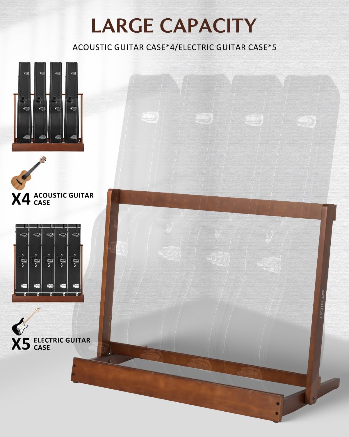 STRICH Guitar Case Stand, Multi-Instrument Hardwood Rack for Hardshell Cases, Foldable & Space-Saving Storage for Home Studio, Dark Walnut Grain Finish SMT-20C