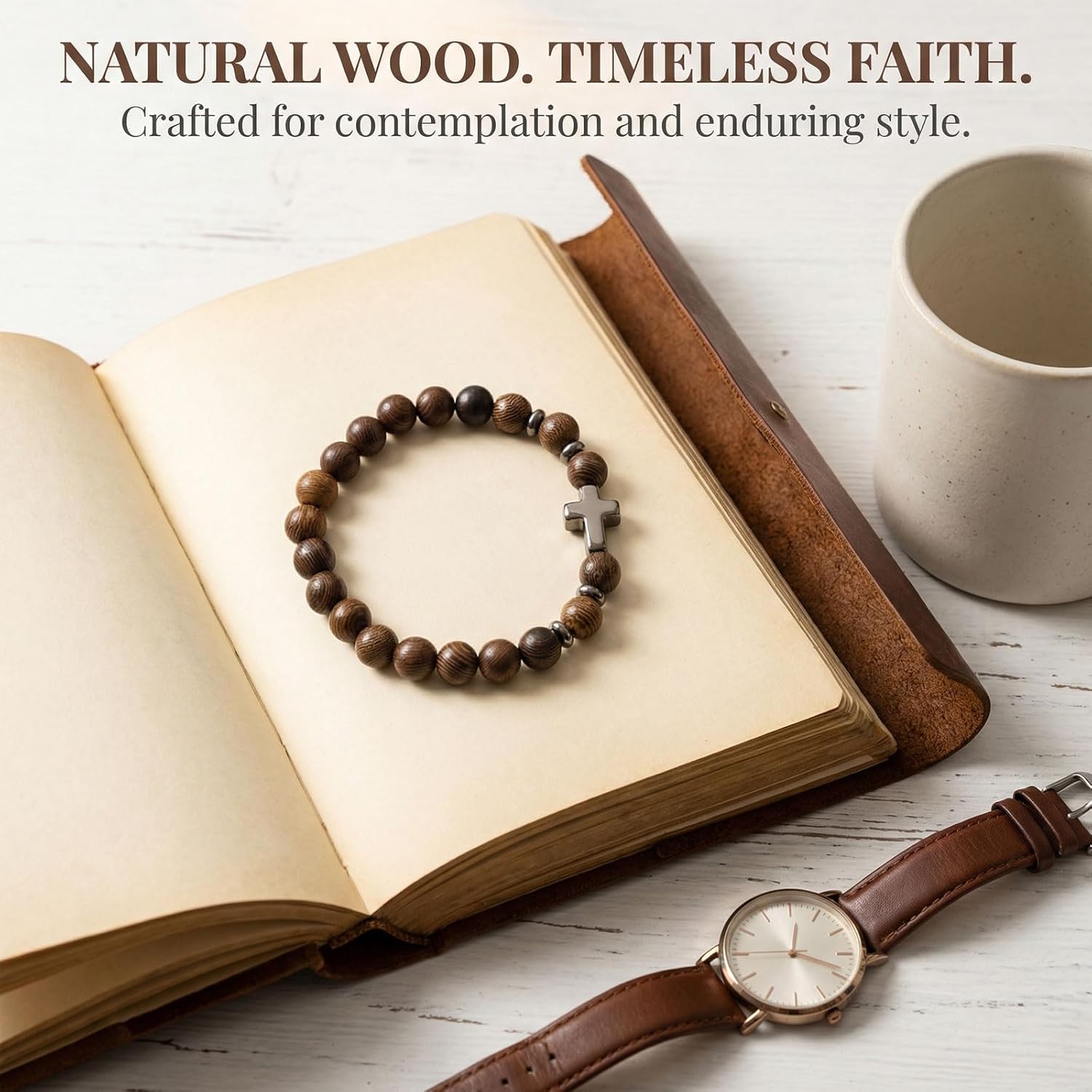 Wood Beaded Cross Bracelet for Men 8mm Stretch Religious Bracelets Valentine's Day Gifts for Him Son Christian Confirmation Graduation Gift First Communion Baptism & Faith Jewelry - Image 3