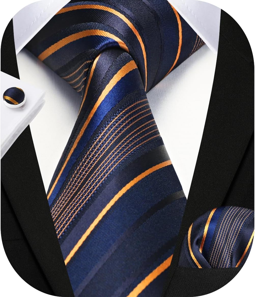 HISDERN Mens Ties Set Stripe Plaid Ties for Men and Pocket Square Cufflinks Formal Silk Necktie Wedding Business - Image 6
