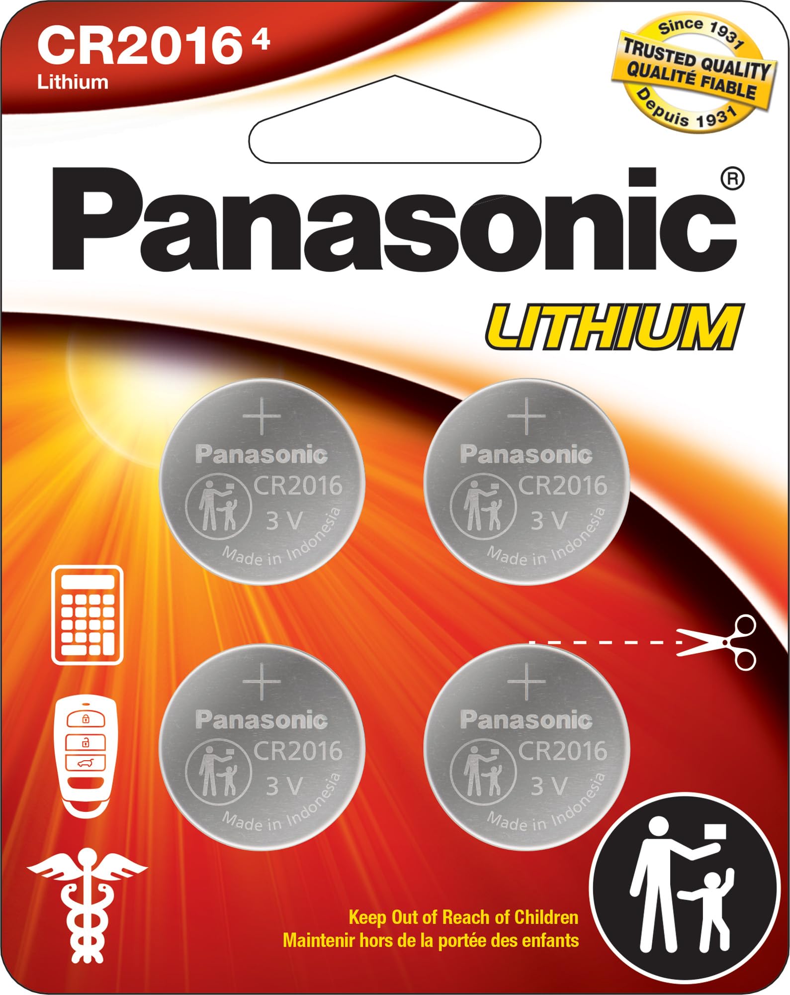 Panasonic CR2016 3.0 Volt Long Lasting Lithium Coin Cell Batteries in Child Resistant, Standards Based Packaging, 4-Battery Pack