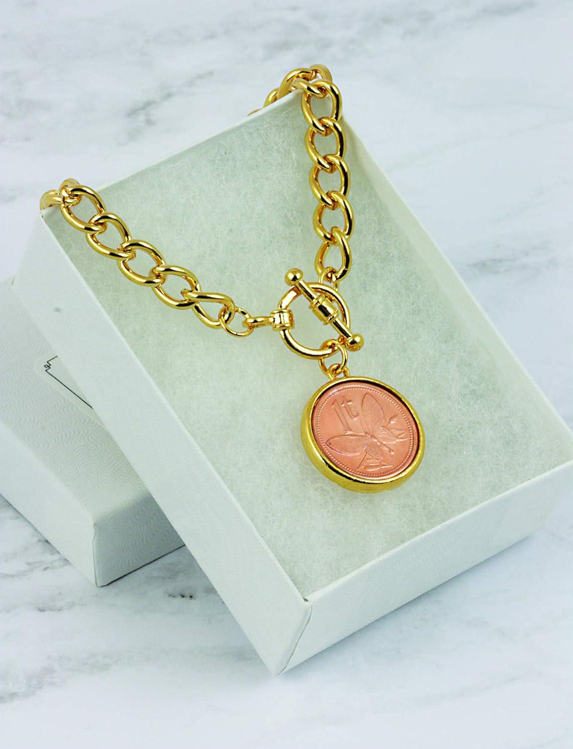 American Coin Treasures Women's Butterfly Coin Charm Bracelet - for Collectors with Goldtone Curb Style Chain and Toggle Clasp - High Polished 7 ½ inch bracelet | Elegant Gift Box - Image 5