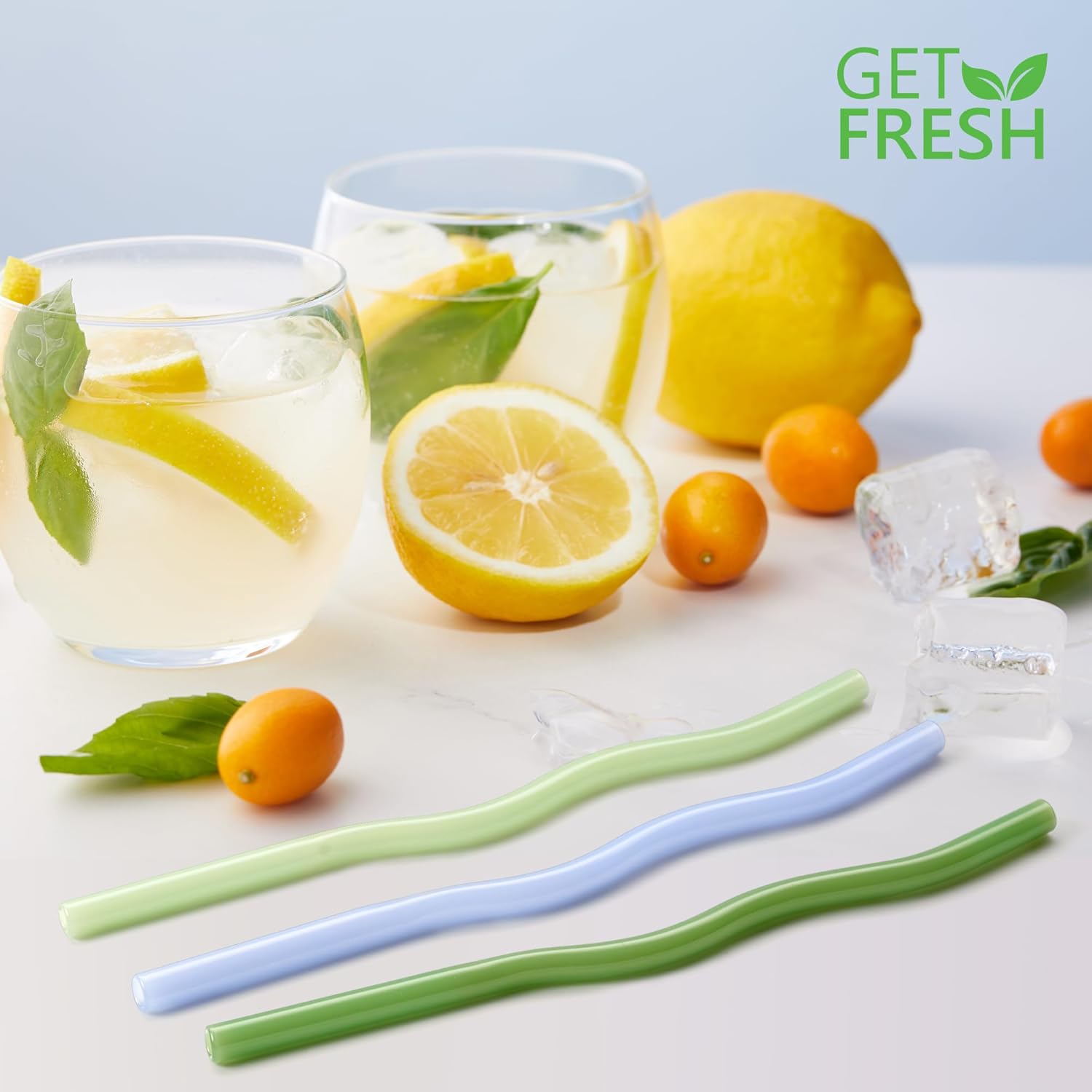 GET FRESH Reusable Wavy Glass Drinking Straws Set - 6pcs Colored Straws from Borosilicate Shatter Resistant Glass - Coloured Dishwasher Safe Wavy Cocktail Straws