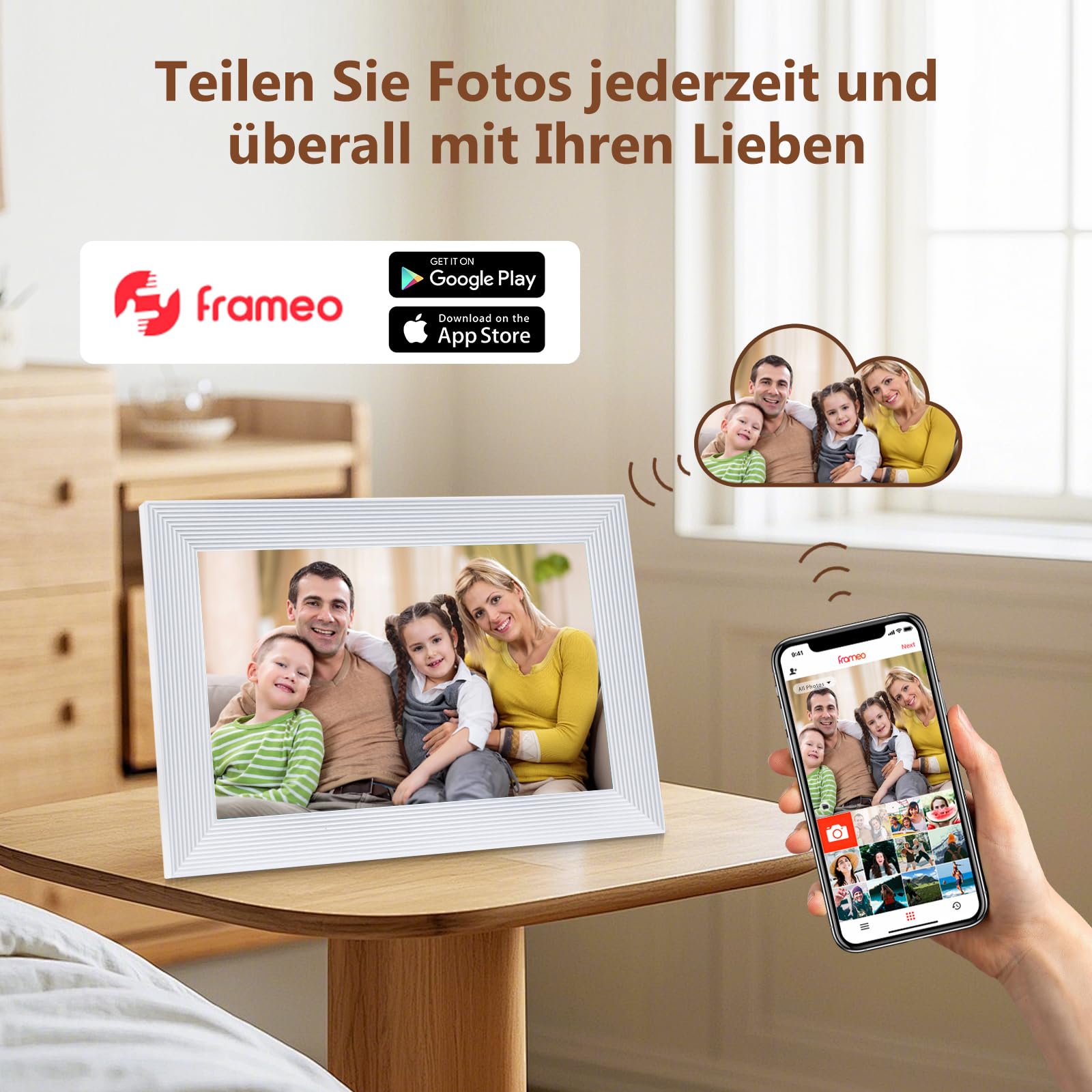 Digitaler Bilderrahmen WLAN Frameo.10,1 Zoll 1280×800 IPS-Touchscreen.16GB WiFi Digital Photo Frame.Fotos und Videos über die Frameo-App teilen.Weiß.