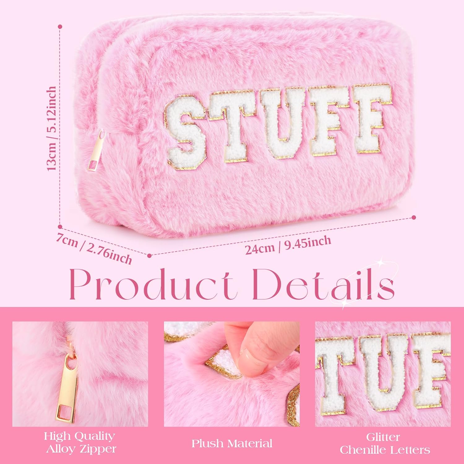 Paterr 4 Pieces Preppy Makeup Bag Chenille Letter Faux Fur Fluffy Bag Preppy Stuff Face Skin Hair Stuff Cute Toiletry Cosmetic Travel Bags Pouch with Zipper for Girls Women(Pink)