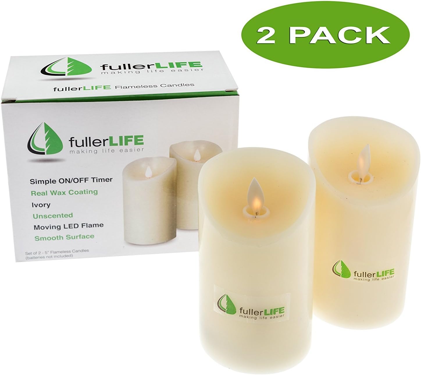 fullerLIFE Flameless Candles 5" Set of 2 Battery Operated Moving Wick LED Ivory Unscented