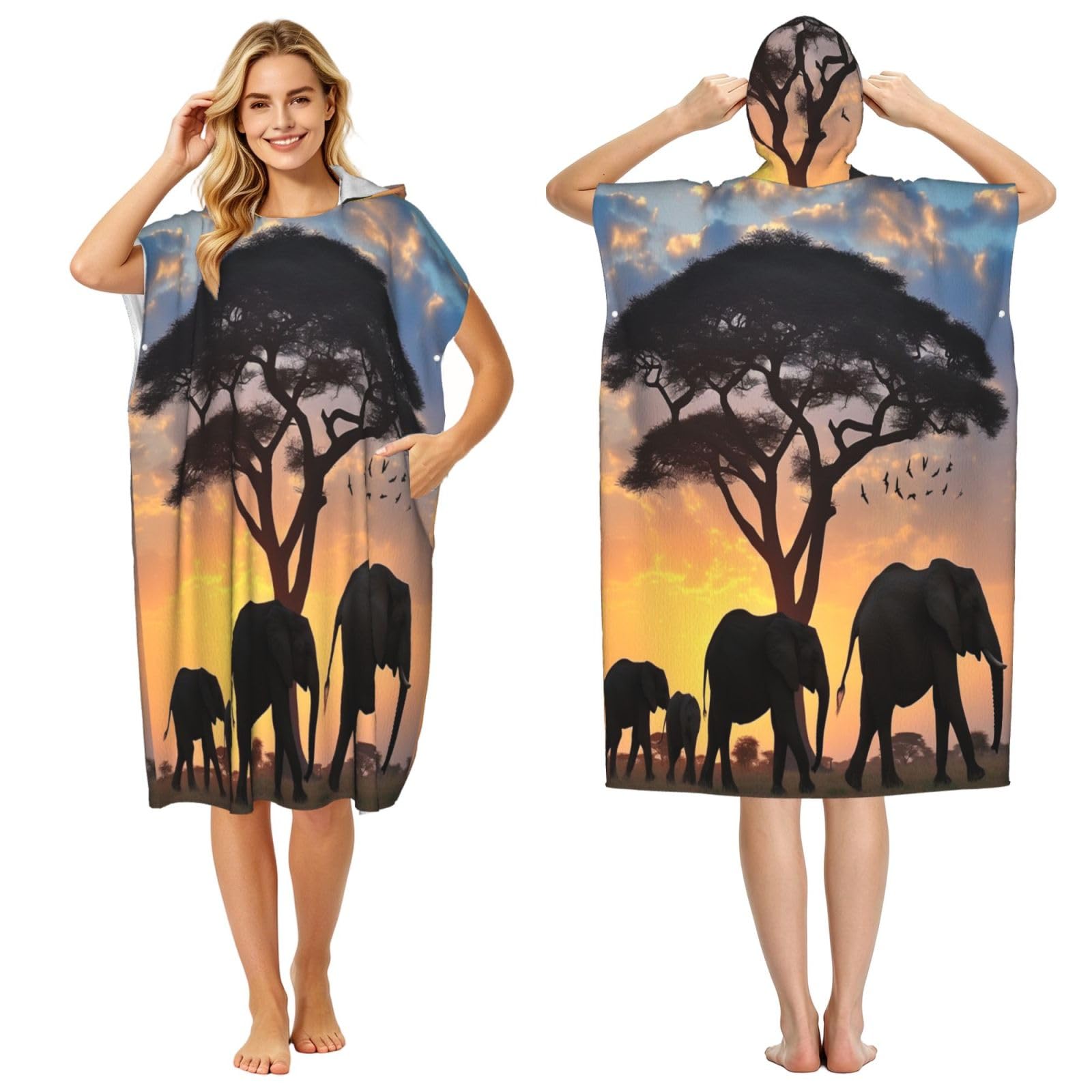 DTHKJNLSF Twilight In The Grassland Adult Hooded Beach Poncho Towel