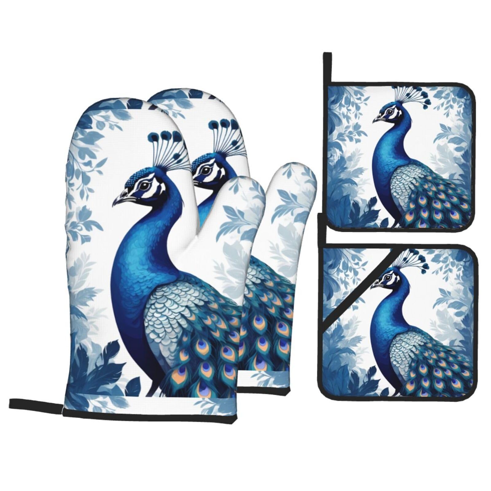 HJFCZH Blue Peacock Picture Kitchen Baking Set of 4 Thick Insulated Oven Mitt & Pot Holders, Anti-Scalding for Microwave, Oven, Outdoor BBQ