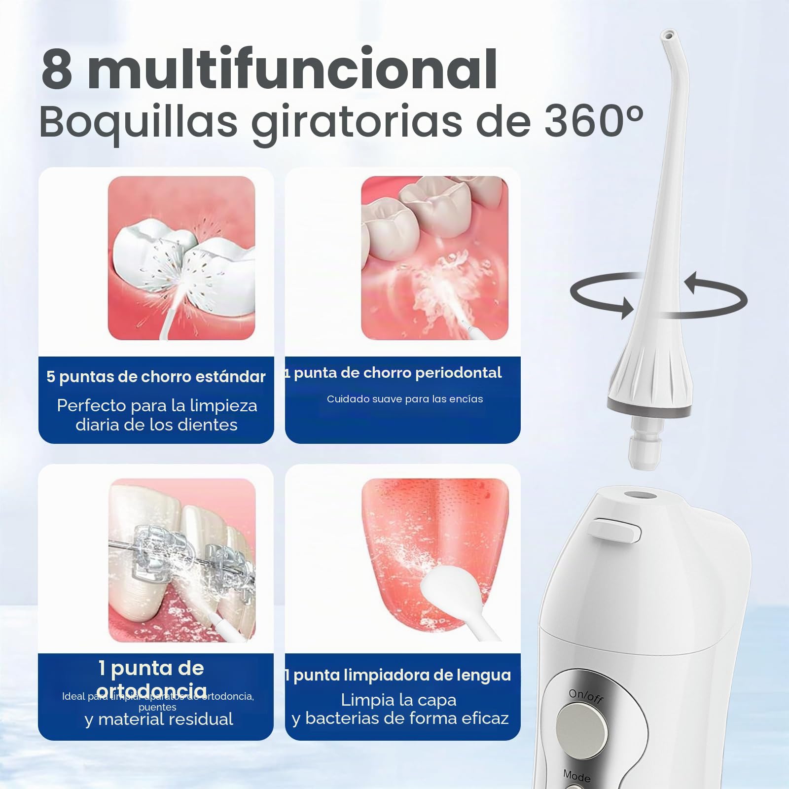 Irrigador Bucal Portatil Dental de Hangsun Inalámbrico USB Recargable con un Tanque de Agua 300ml y 8 Boquillas para Viajar y Uso Doméstico