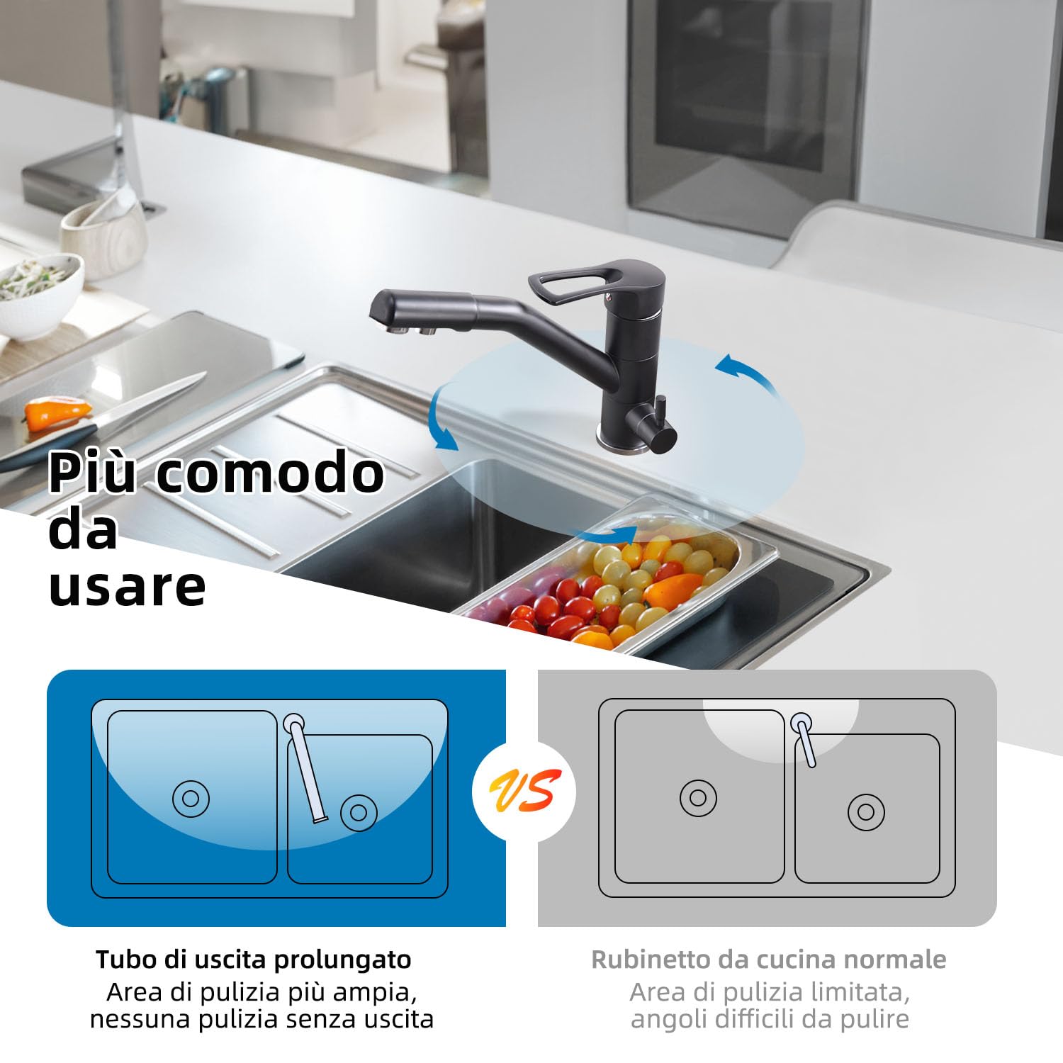 Grifo de cocina de 3 vías, grifo de cocina giratorio 360°, grifo de fregadero con caño flexible, G3/8 pulgadas (grifo de triple conexión con filtro de agua, negro)