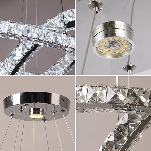 Miniatura 6 de CLAIRDAI Candelabro LED moderno de cristal, lámpara colgante de 3 anillos, lámpara de techo ajustable de acero inoxidable para comedor, dormitorio,