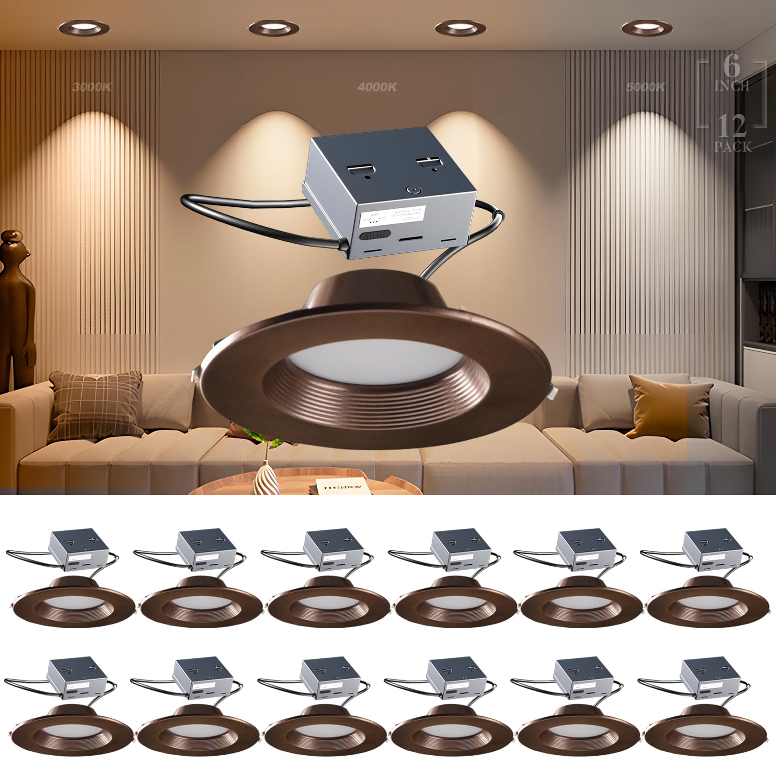 Lightdot 6 Inch Recessed Lighting 12 Pack Brown, 12W Dimmable LED Downlight 3CCT Selectable (3000K/4000K/5000K), Anti-Glare Slim Canless Ceiling