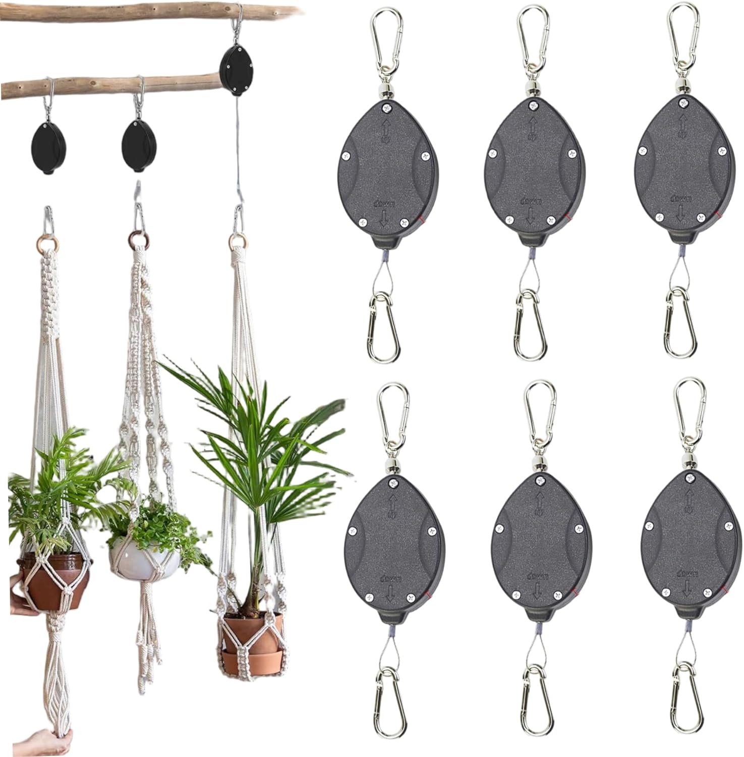 6-Pack Plant Pulley, Heavy Duty Retractable Plant Hanger with Stainless Steel Rope & Auto-Lock, for Hanging Baskets Indoor Outdoor Pulleys for Hanging Plants