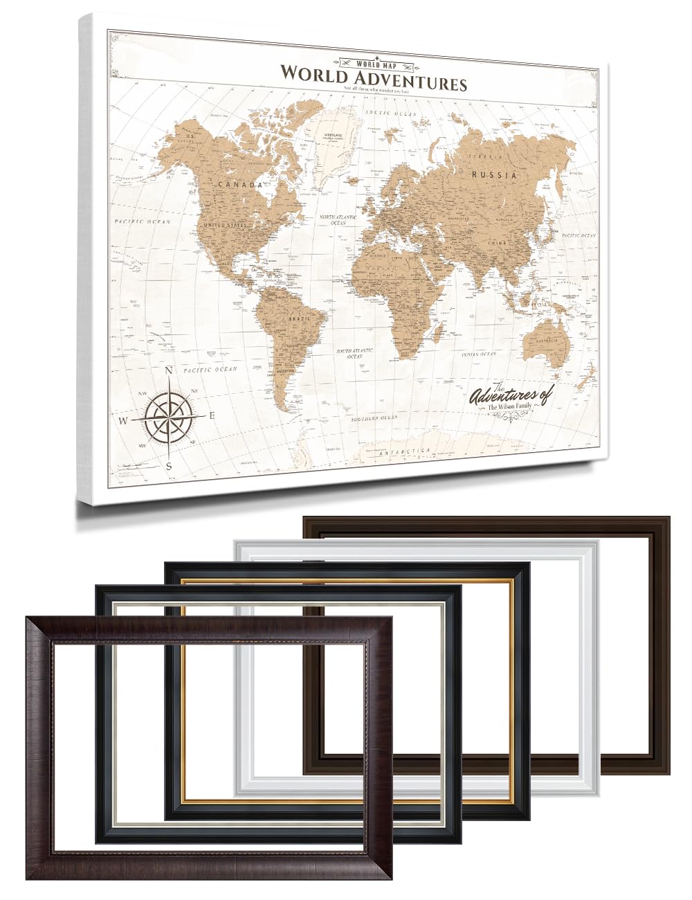IPIC Personalized Vintage Framed World Map Pin Board, Image Size 40x30 in
