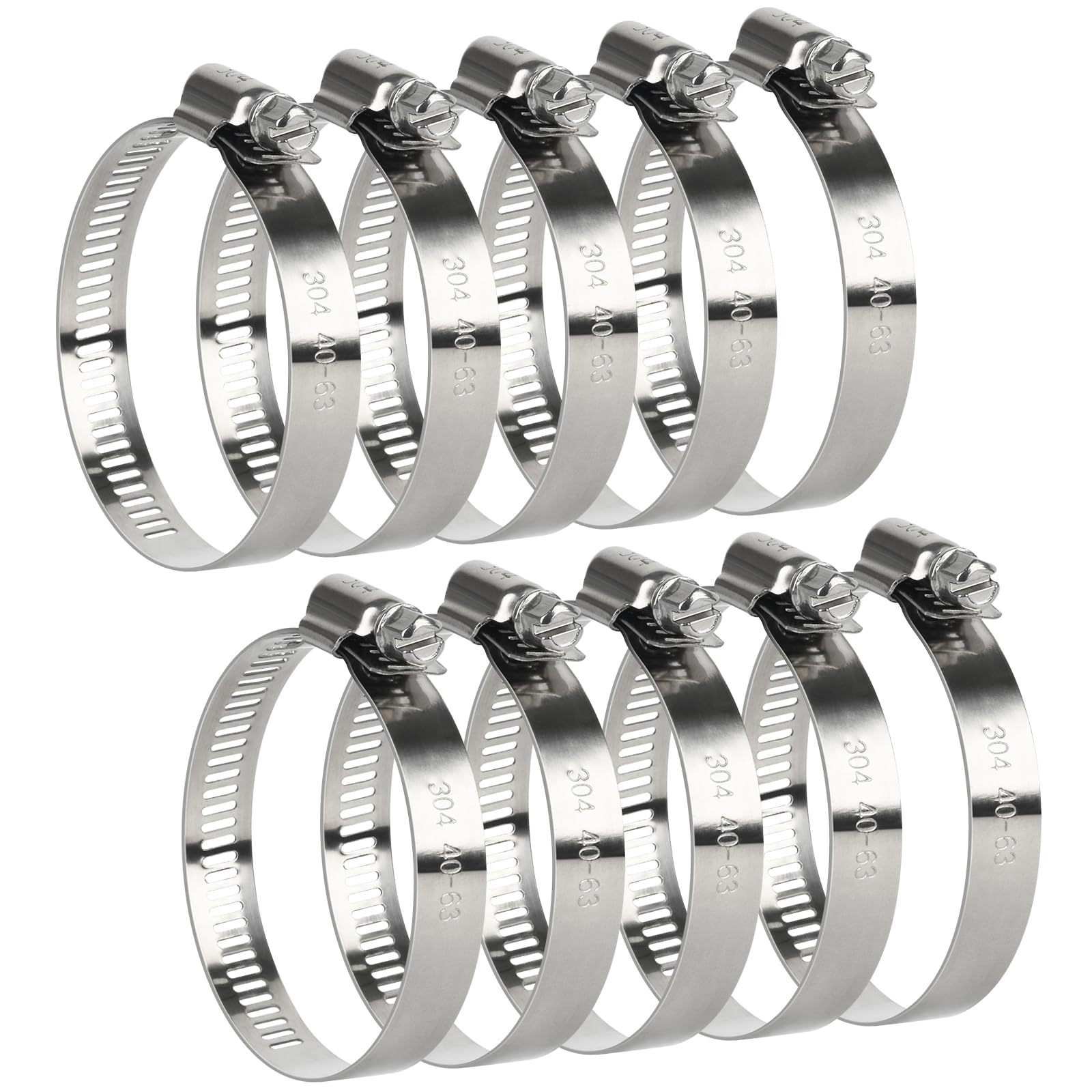 Hose Clamp, 10 Pieces 2.5 Inch Stainless Steel Hose Clamps for 1 1/2" to 2 1/2" Hose Pipe Large Adjustable Worm Gear Hose Clamp Assortment Kit for Automotive Plumbing Radiator Fuel Line Mechanical
