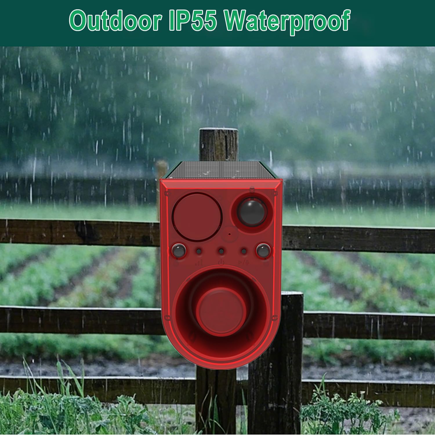 Solar Outdoor Motion Sensor Alarm, 130dB rotes und blaues blinkendes Sicherheitslicht mit Fernbedienung, 13 Sounds und Aufnahmen angepasst, um Eindringlinge abzuhalten (2 Stück)