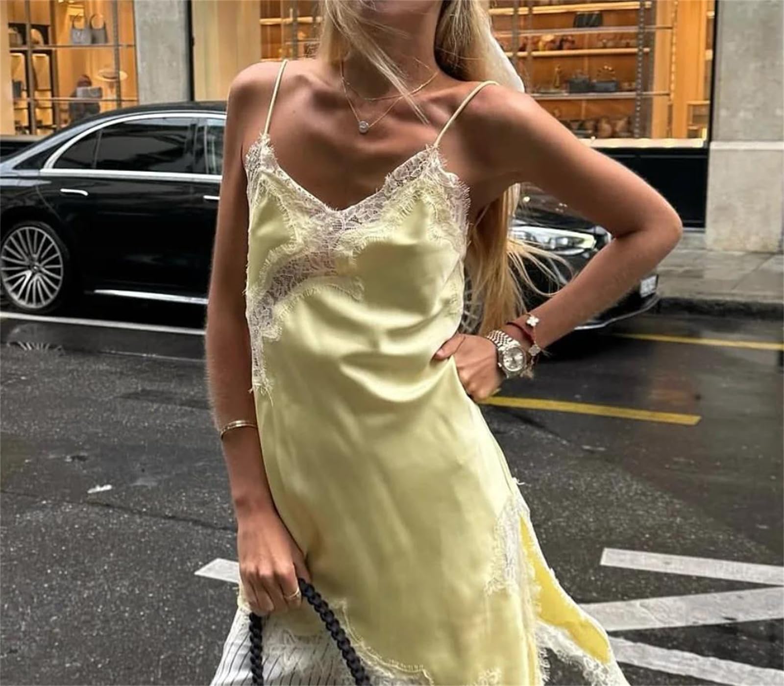 Genérico Camiseta de Tirantes Irregular de Encaje Sexy para Mujer, con Escote en V, Espalda Descubierta, sin Mangas, Transparente, Estilo Urbano (Top Corto, Talla 6 Mediana)