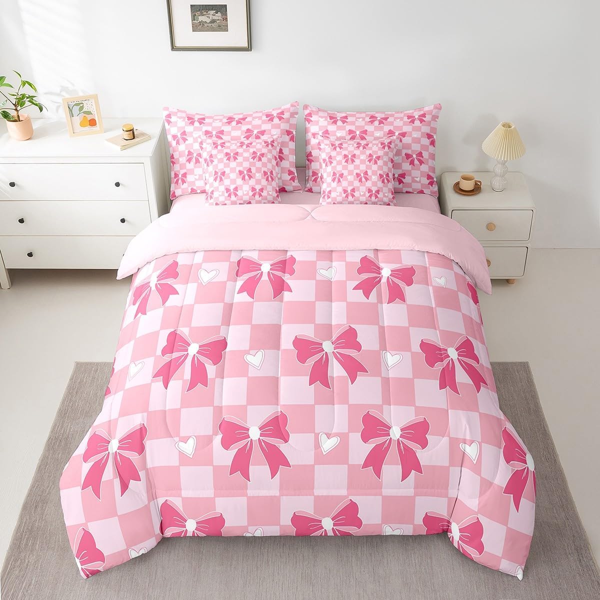 jejeloiu 7 Piece Bow Print Bed in a Bag Full for Boys Kids Cute Bowknot Sheet Set,Pink Bow Bed Set for Girls Women Bow Bedding Set with Comforter Princess Style Cushion Covers