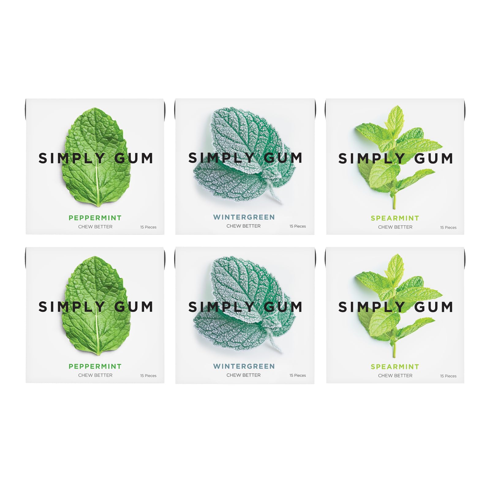 Simply Gum | Variety Pack - Peppermint, Spearmint,Plant- Based Chewing Gum,Pack of Six (90 Pieces Total),Synthetic Free + Aspartame Free + non GMO