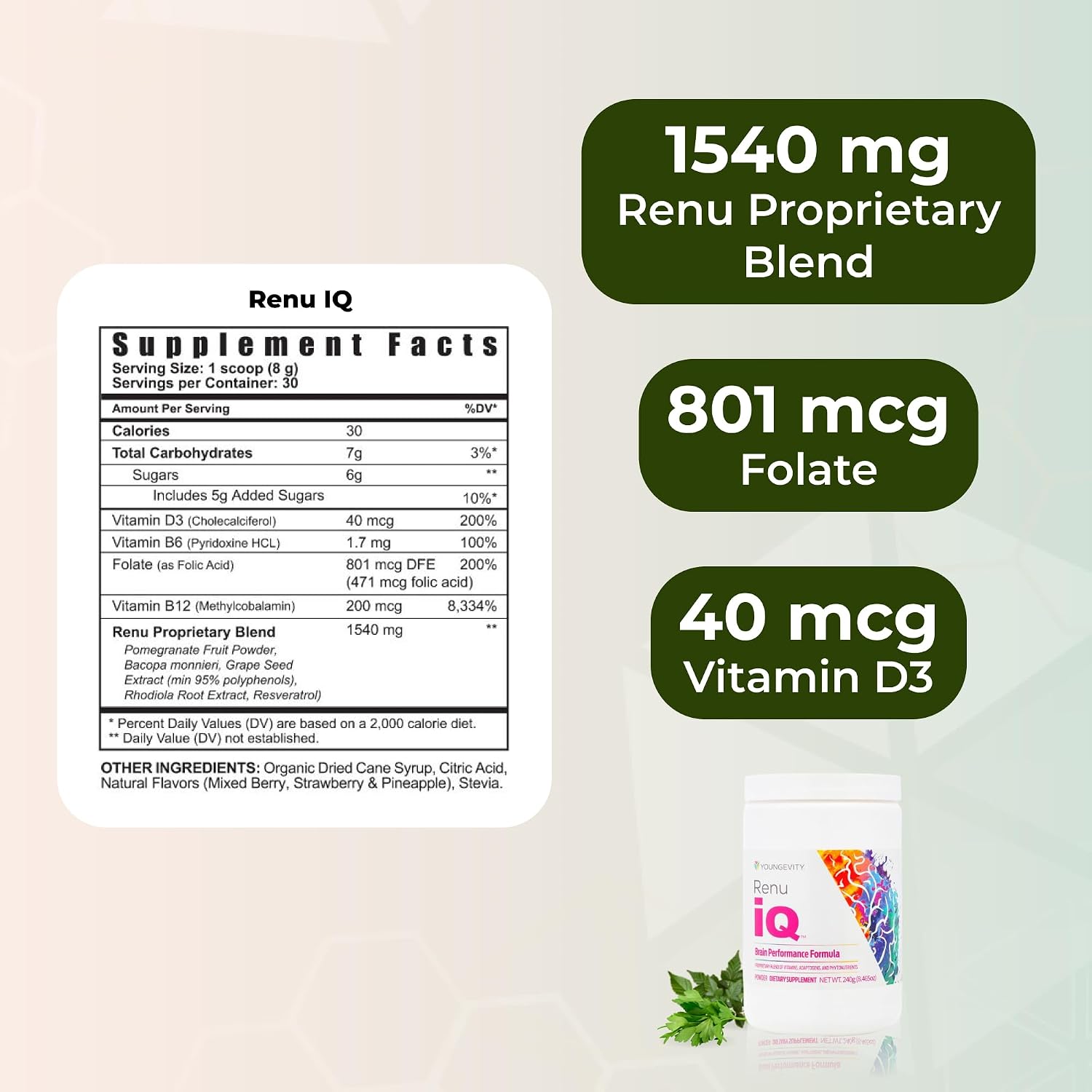 Youngevity Renu iQ™ - Brain Boost, Anti-Aging, Resveratrol Supplement with Grape Skin, Bacopa Monnieri, Rhodiola Root, Polygonum Cuspidatum Root - Natural Energy - (312g)