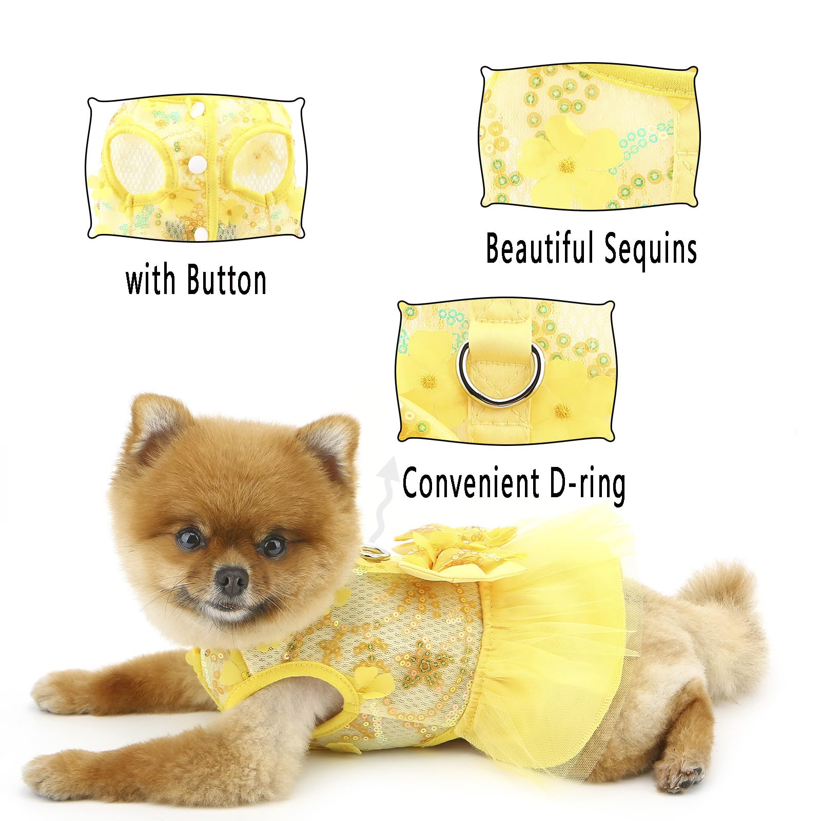 PAIDEFUL Dog Dress,Luxury Bow Princess Tutu Dresses for Girl Dogs Cute Fashion Mesh Pet Skirt with Sequins Flower Cat Puppy Clothes Wedding Party Outfits Chihuahua Apparel Button up D-ring,Yellow,M - Image 2