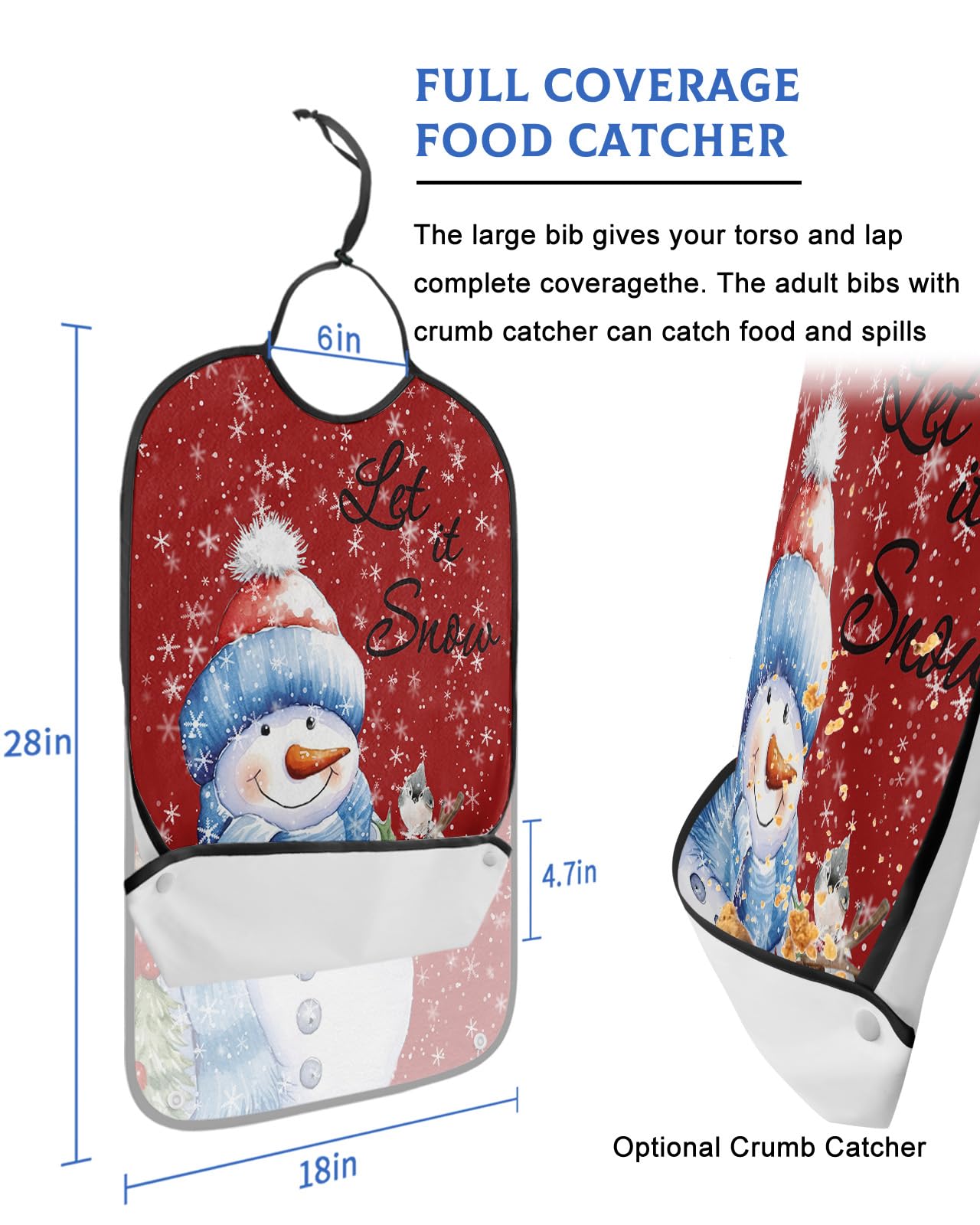 Christmas Snowman Adult Bibs for Eating, Waterproof Bibs with Food Catcher & Adjustable Snap Closure, Xmas Birds Winter Snowflake Red Washable Clothing Protectors Adult Bibs for Elderly Women/Men