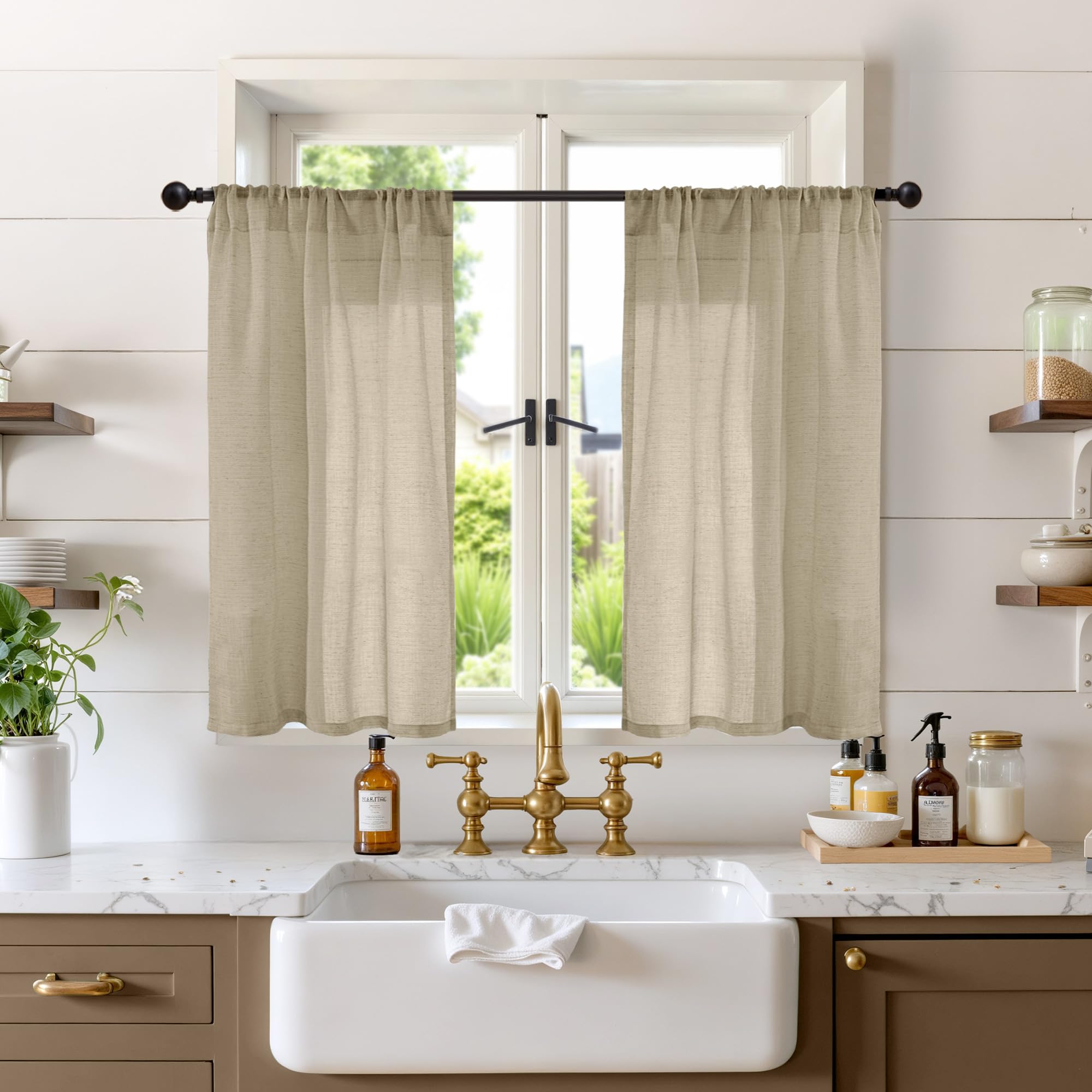 BGment Short Camel Linen Curtains 36 Inches Long for Cafe Kitchen - Small Half Window Drapes Semi Sheer Light Filtering with Rod Pocket Textured Lightweight, 2 Panels Set, Each 30 Inch Wide