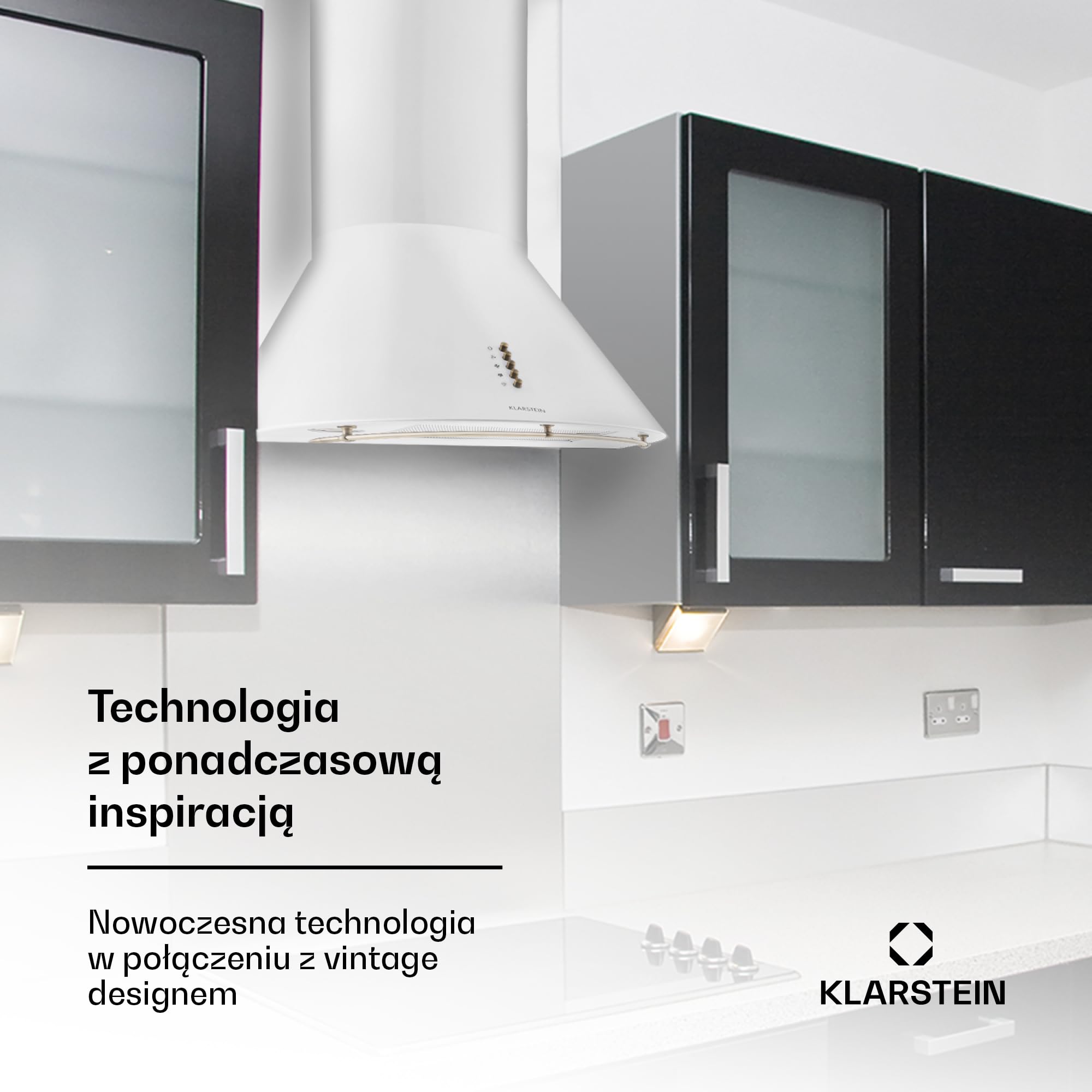 KLARSTEIN Lumio Neo - Hotte Murale aspirante Style rétro avec Rail pour accrocher ustensiles (60cm, Extraction 610m³, Mode Recyclage Possible, 3 Vitesses) - Blanc