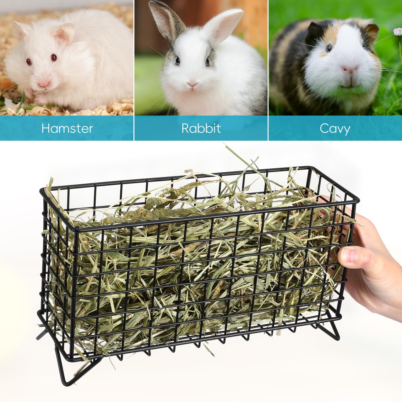 Comedero de Heno para Conejos Jaula para Mascotas de Metal Conejo Rack Heno Comedero Cuencos Alimentador Rack para Cerdo de Indias Chinchilla Negro