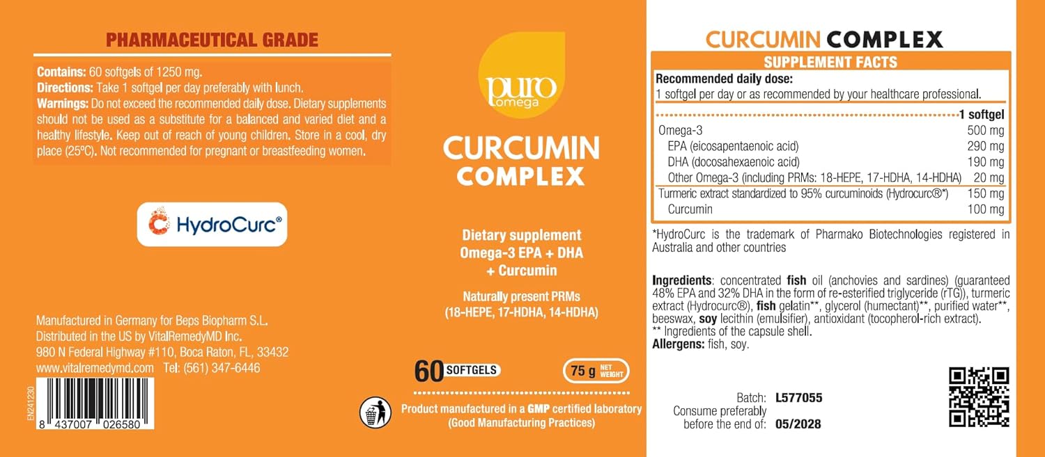 PuroOmega Curcumin Complex - Tripple Concentrated Omega 3 Oil Blended with Highly bioavailable Turmeric Supplement, 2 Months Supply. A VitalemedyMD Product