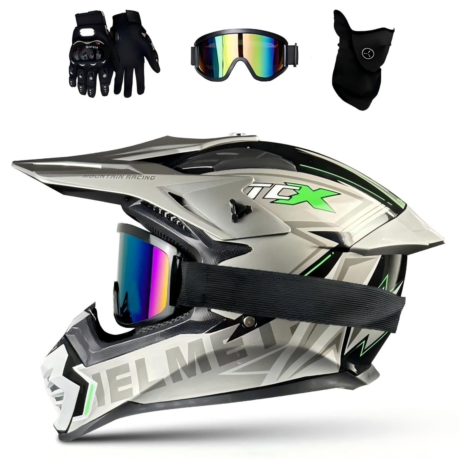 Casque Intégral pour Motocross et VTT, Casque Cross pour Adultes avec Lunettes, Masque et Gants, Casque Full Face Moto Downhill ATV Incluant 3 Garnitures de Différentes Tailles
